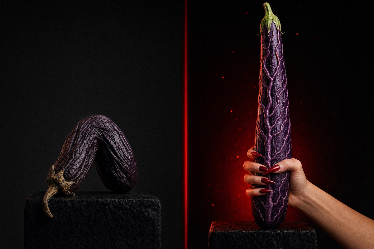 Before and after: a limp eggplant, then a long firm veiny eggplant in her hand
